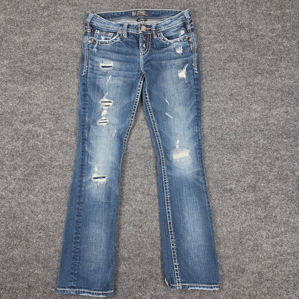 Silver Aiko Baby Boot Jeans Women 27 Distressed Denim Stretch Low Rise Dark Wash